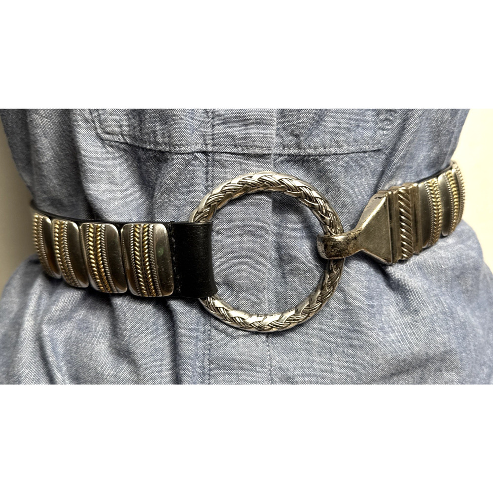 Chico's Black Leather Belt Silver Hardware Circle Buckle Size M/L Made in India
